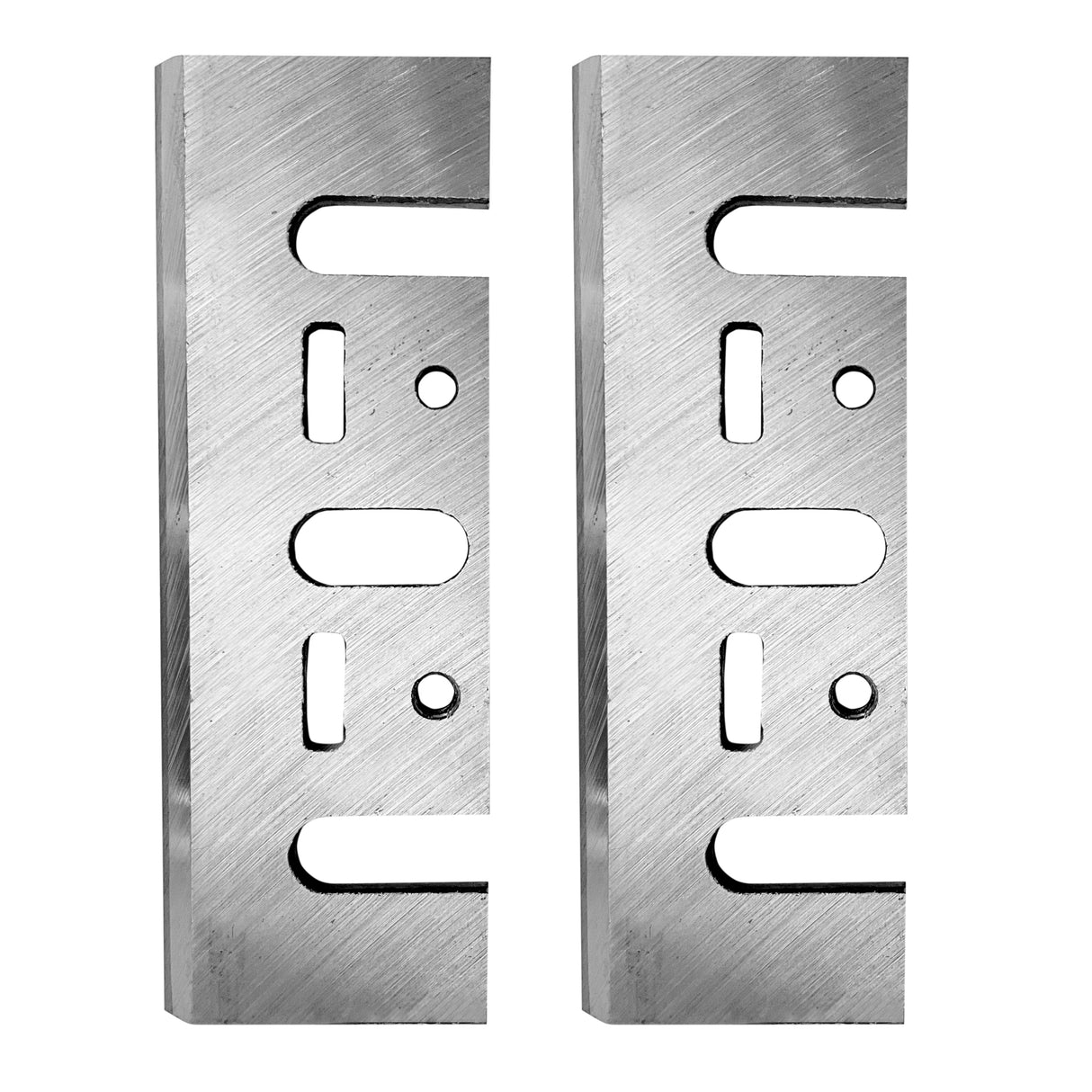 Two silver-colored cutting tool blades