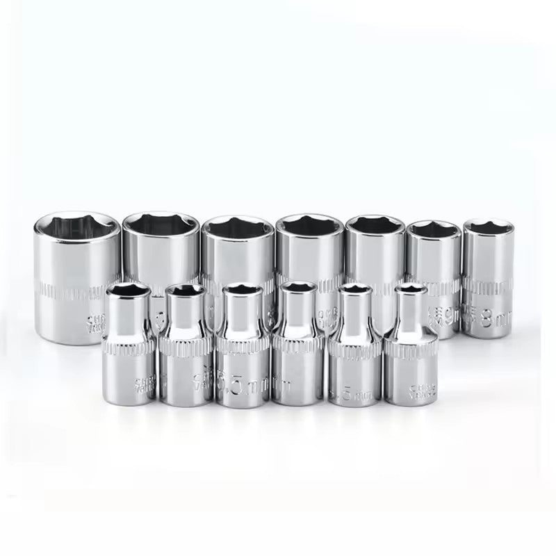 13 Piece Chrome Socket Set arranged in Two Rows