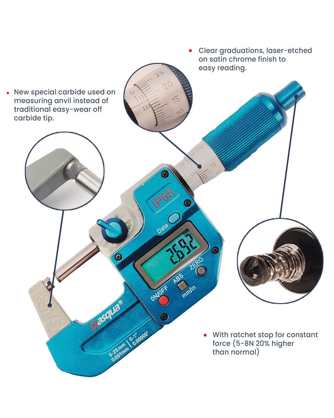 DASQUA Digital Outside Micrometer Inch/Metric 0.00005″/0.001 Mm Resolution pack of 1