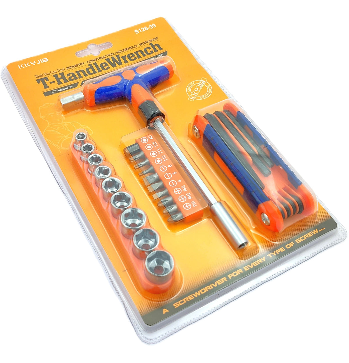 T-handle screwdriver, socket, and hex key set in blister pack