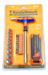 T-handle screwdriver with socket set, bit set, and hex keys in blister pack