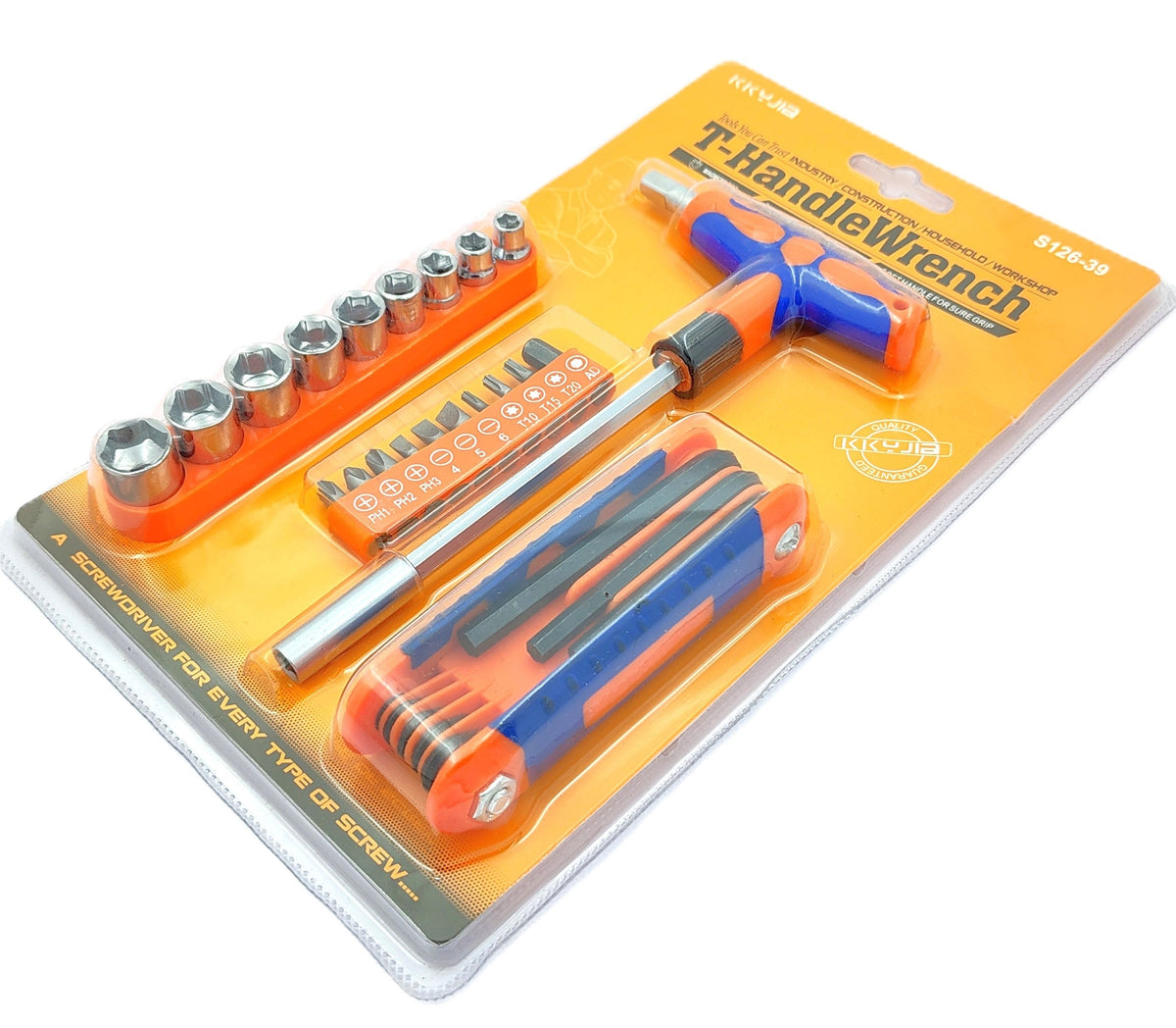 T-handle screwdriver and socket set in blister packaging