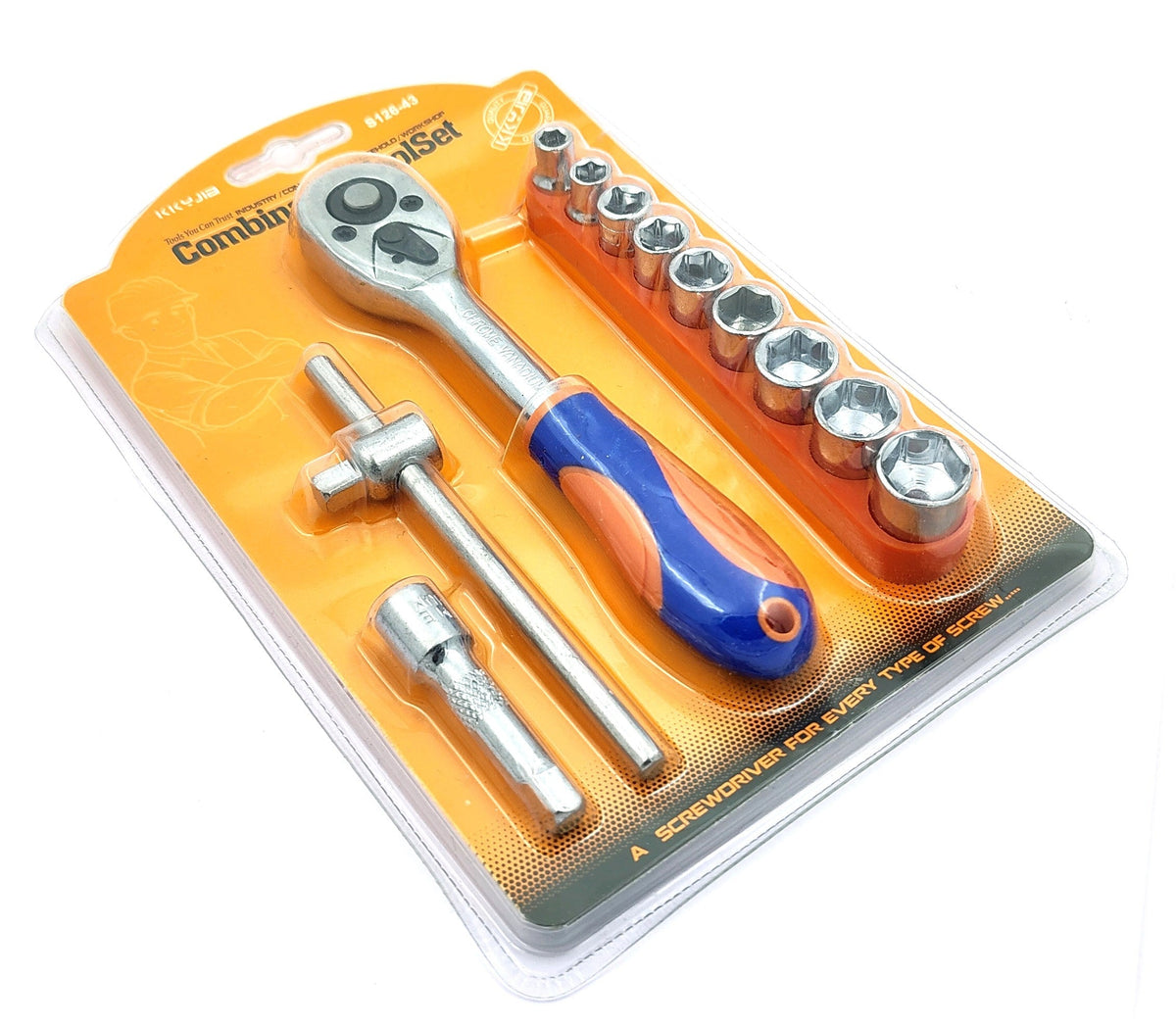 Ratchet wrench and socket set in yellow blister pack