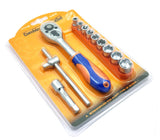 Ratchet wrench and socket set in yellow blister pack
