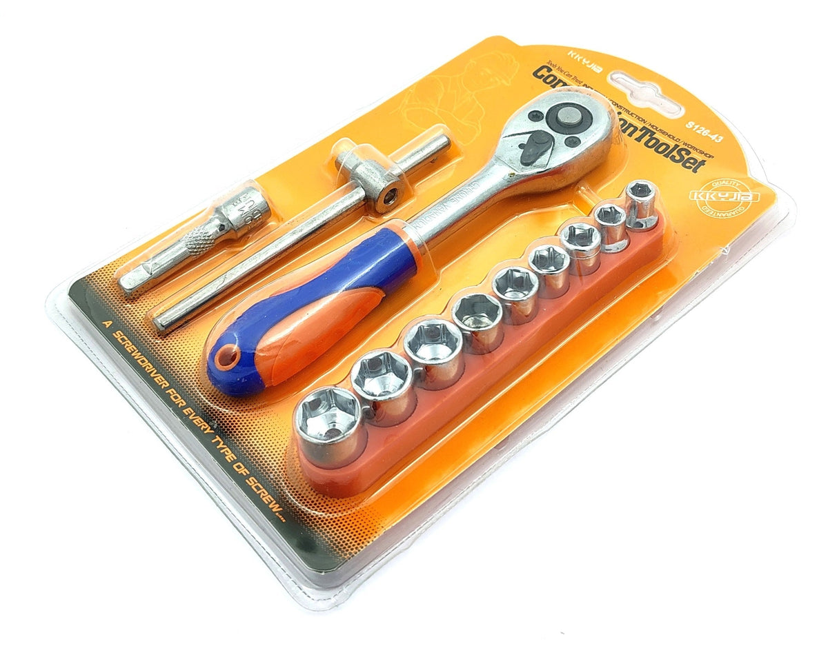 Ratchet wrench and socket tool set in yellow blister pack