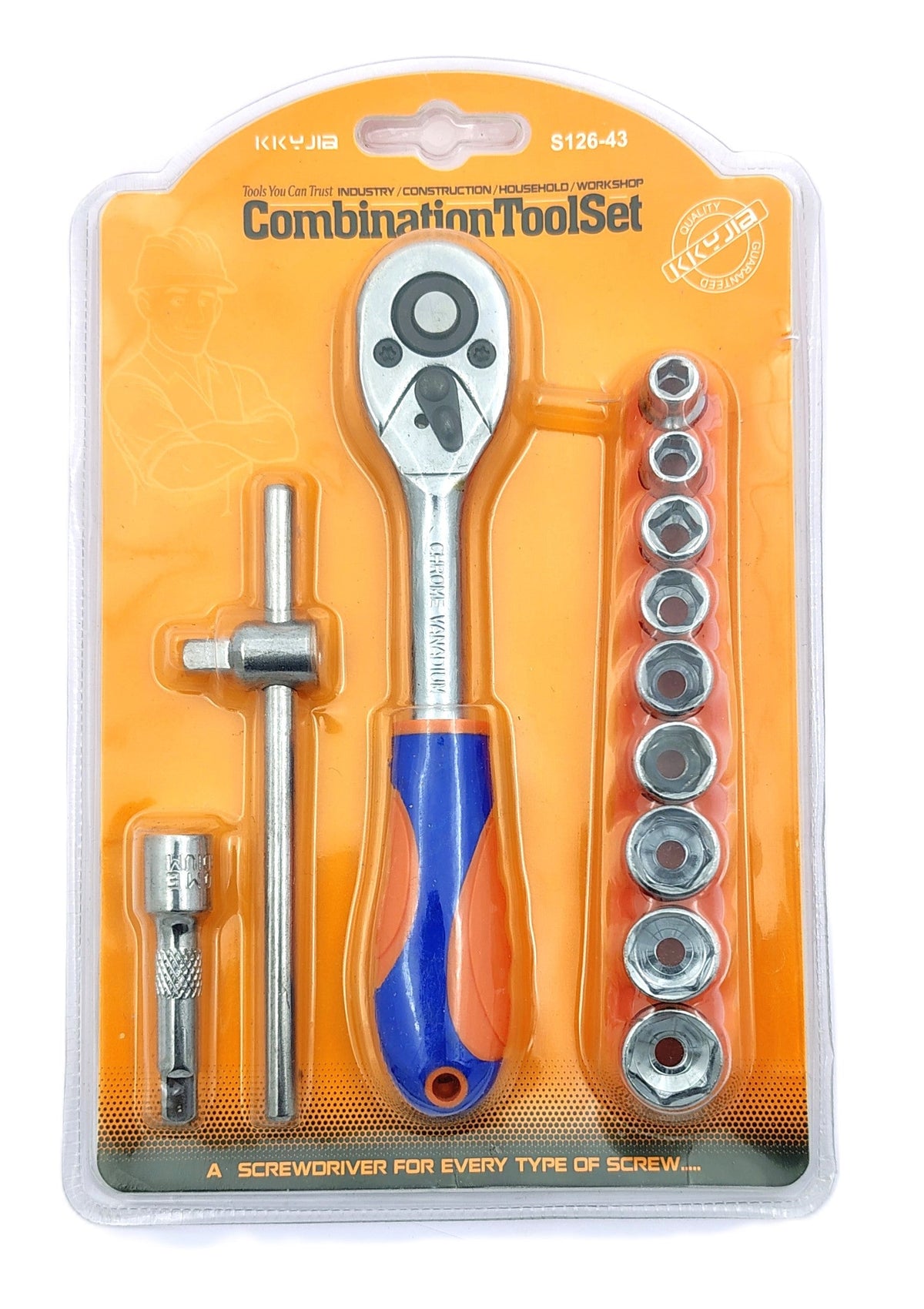 Ratchet wrench and socket set in blister pack