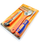 Combination hand tool set with adjustable wrench, knife, and screwdriver