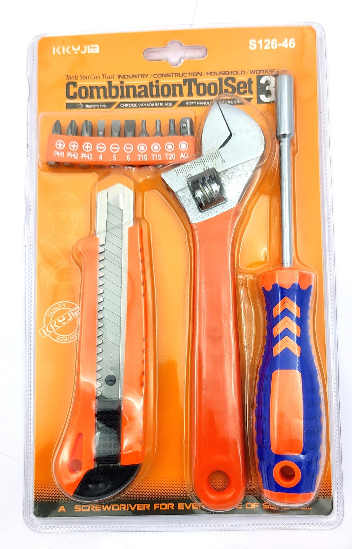 Combination hand tool set with wrench, utility knife, screwdriver, and bit set
