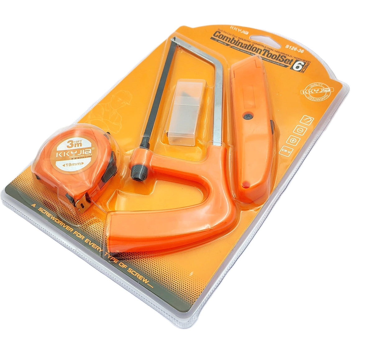 Mini hacksaw, utility knife, and tape measure combination tool set in blister pack