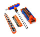 T-handle screwdriver with socket set, bit set, and folding hex keys