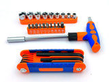 T-handle screwdriver with socket set, bit set, and folding hex keys