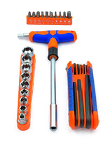 T-handle socket wrench, hex key set, and screwdriver bit set