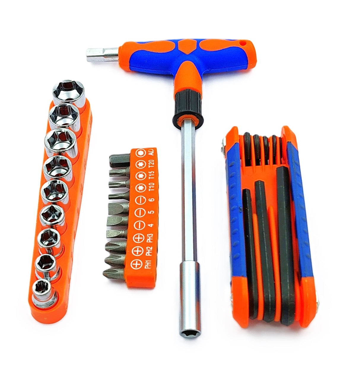 T-handle screwdriver with socket set, bit set, and hex key set
