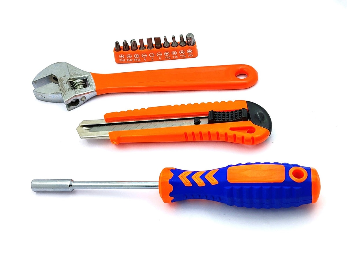Hand tool set with screwdriver, adjustable wrench, utility knife, and bit set