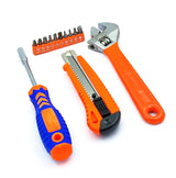 Hand tool set with adjustable wrench, snap-off knife, screwdriver, and bit set