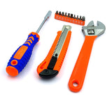 Hand tool set with screwdriver, utility knife, adjustable wrench, and bit set