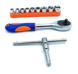 Ratchet handle with socket set and sliding T-handle wrench