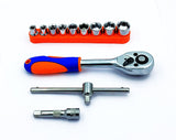 Ratchet wrench and socket set with sliding T-handle and extension bar