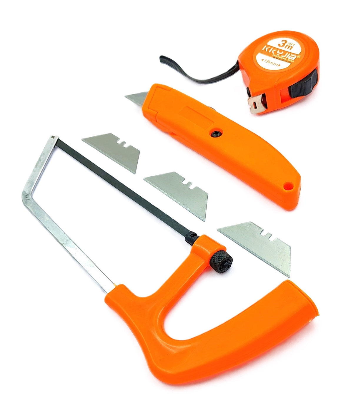 Mini hacksaw, orange utility knife, spare blades, and tape measure set