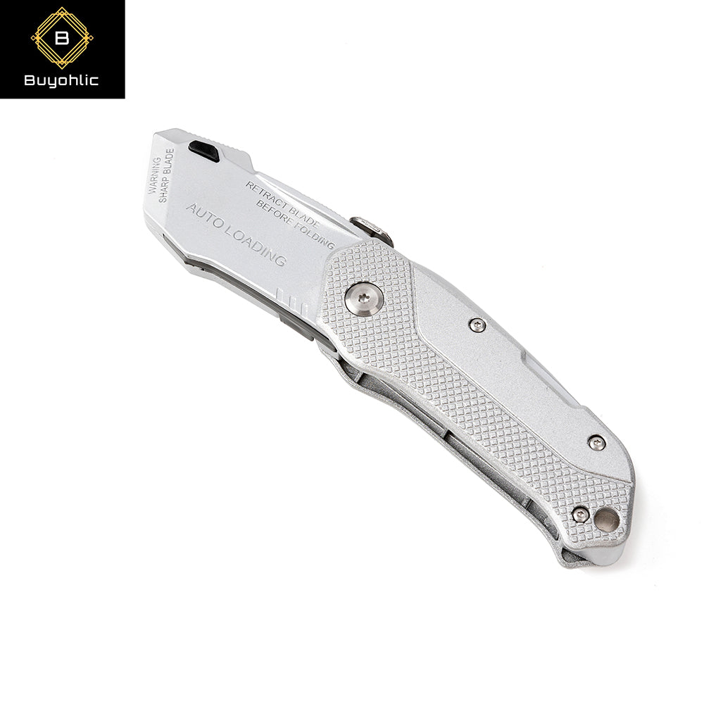 Buyohlic silver auto-loading folding utility knife closed view