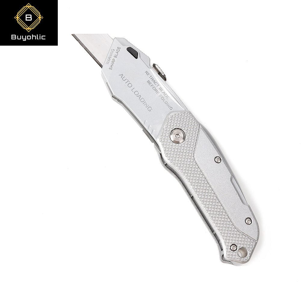 Buyohlic silver auto-loading folding utility knife with blade extended