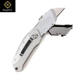 Buyohlic silver auto-loading folding utility knife with blade storage compartment open