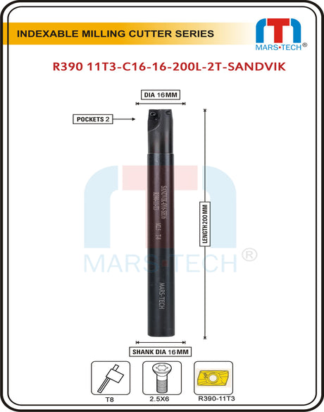 Indexable Inserted Endmill Dia 16/20/25/32 Mm In 200 Length For R390 Insert Sandvik Brand Pack of 1