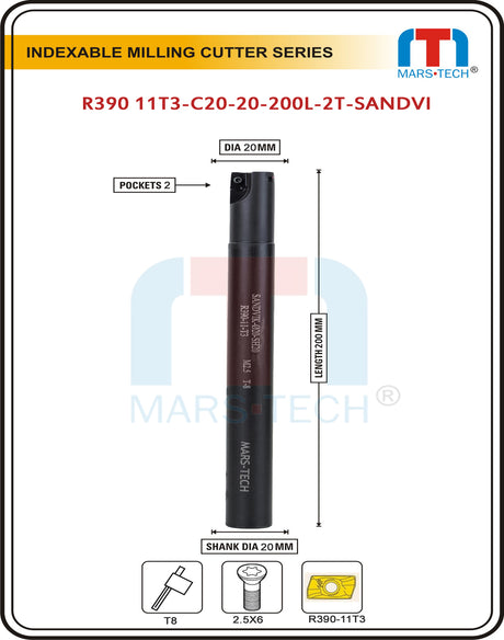 Indexable Inserted Endmill Dia 16/20/25/32 Mm In 200 Length For R390 Insert Sandvik Brand Pack of 1