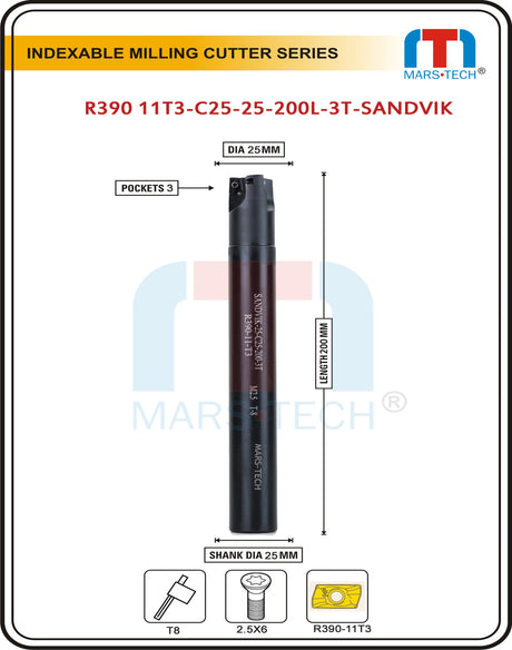 Indexable Inserted Endmill Dia 16/20/25/32 Mm In 200 Length For R390 Insert Sandvik Brand Pack of 1
