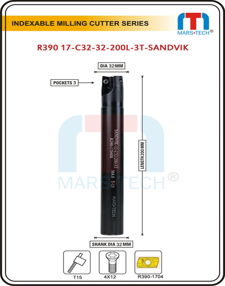 Indexable Inserted Endmill Dia 16/20/25/32 Mm In 200 Length For R390 Insert Sandvik Brand Pack of 1