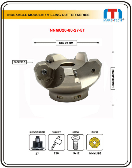 Indexable modular milling cutter with dimensions and specifications 