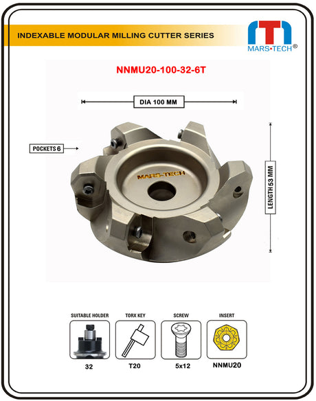 Indexable modular milling cutter with dimensions and specifications 