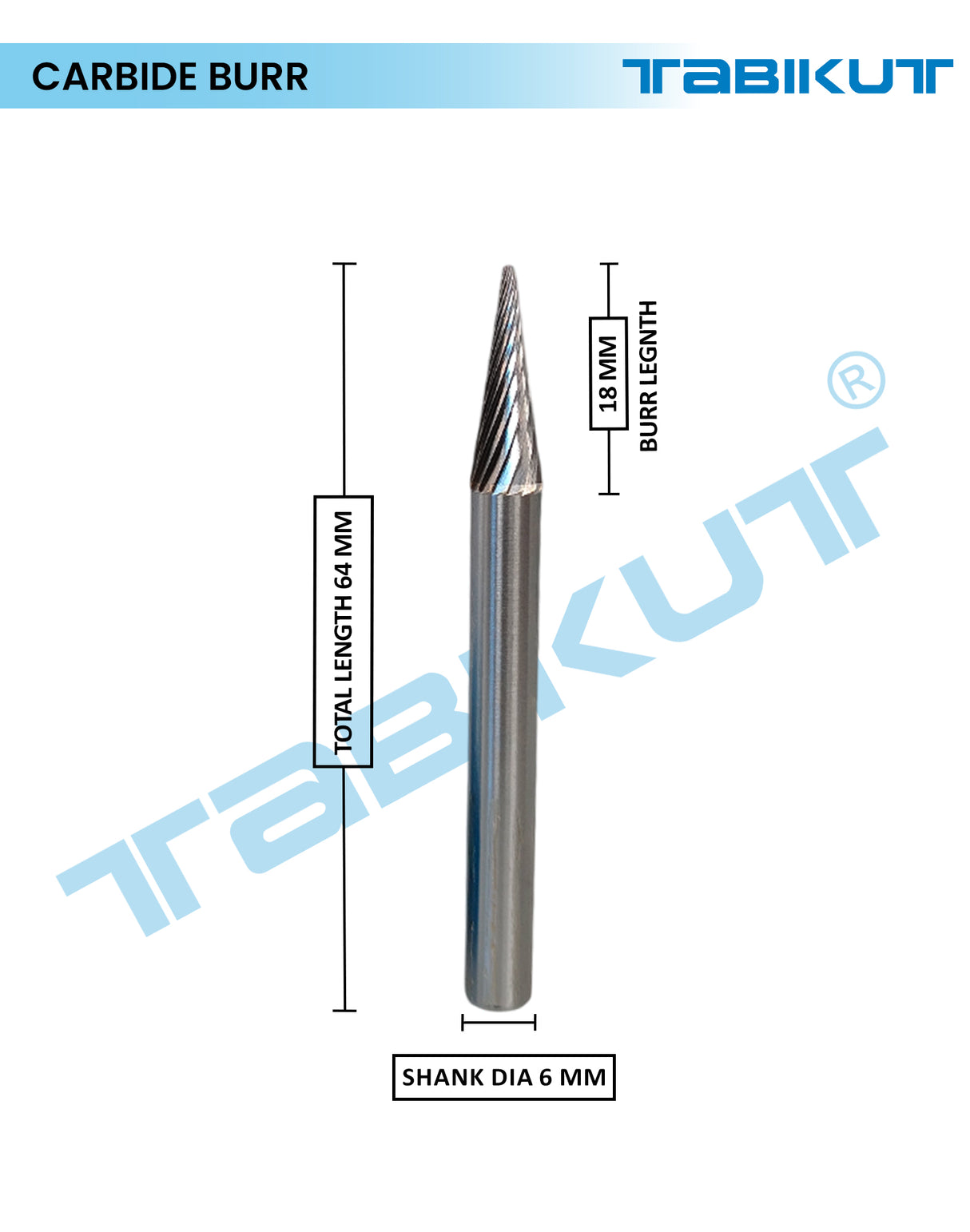 Carbide burr with dimensions labeled