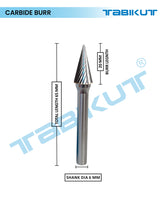 Carbide burr with dimensions labeled