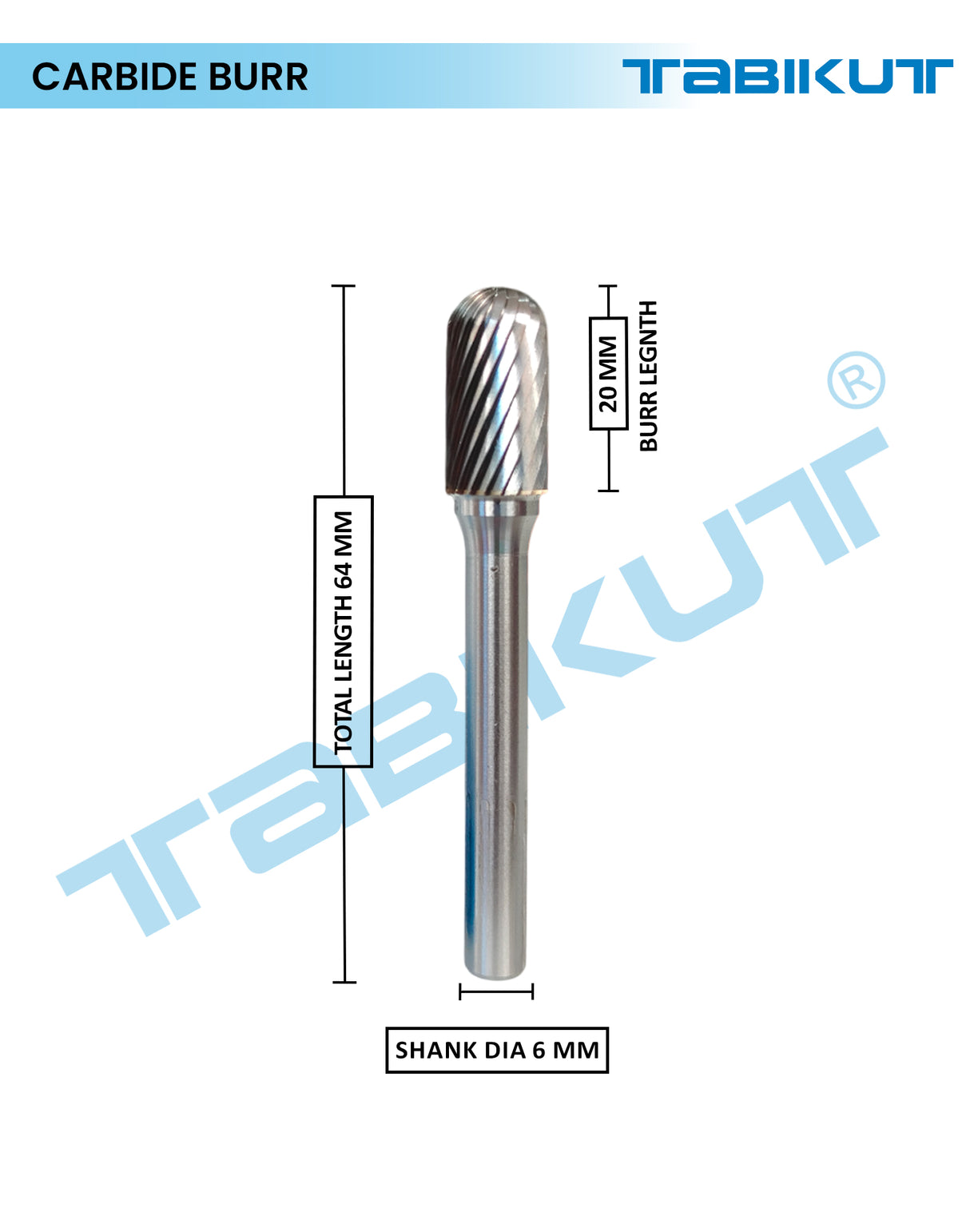 Carbide burr with dimensions labeled