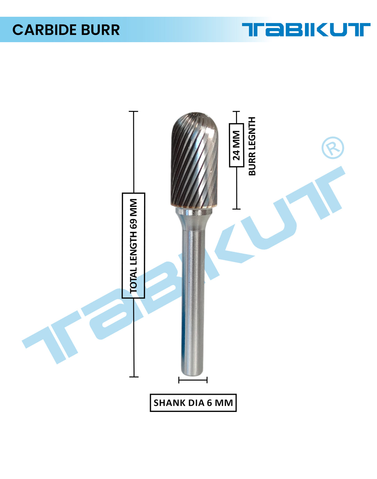 Carbide burr with dimensions labeled