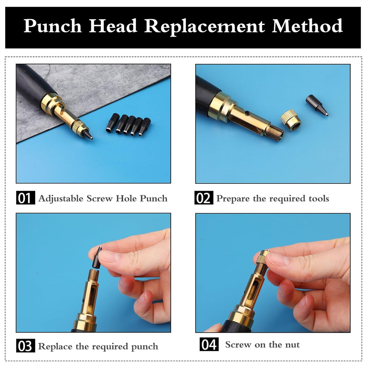 Buyohlic Screw Punch Set Wood Handle Belt Hole Puncher, Adjustable Leather Hole Punch Tool