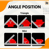 Magnetic welding clamp angle positions showing 45, 90, and 135 degree setups