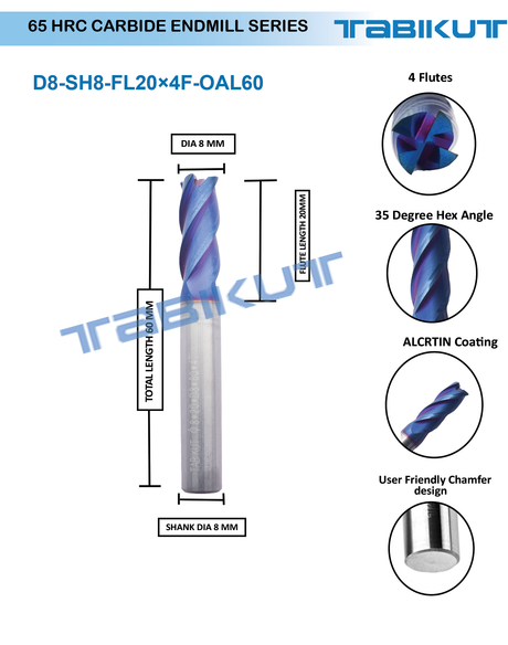 8 mm carbide endmill 65 HRC 4 flutes long pack of 1
