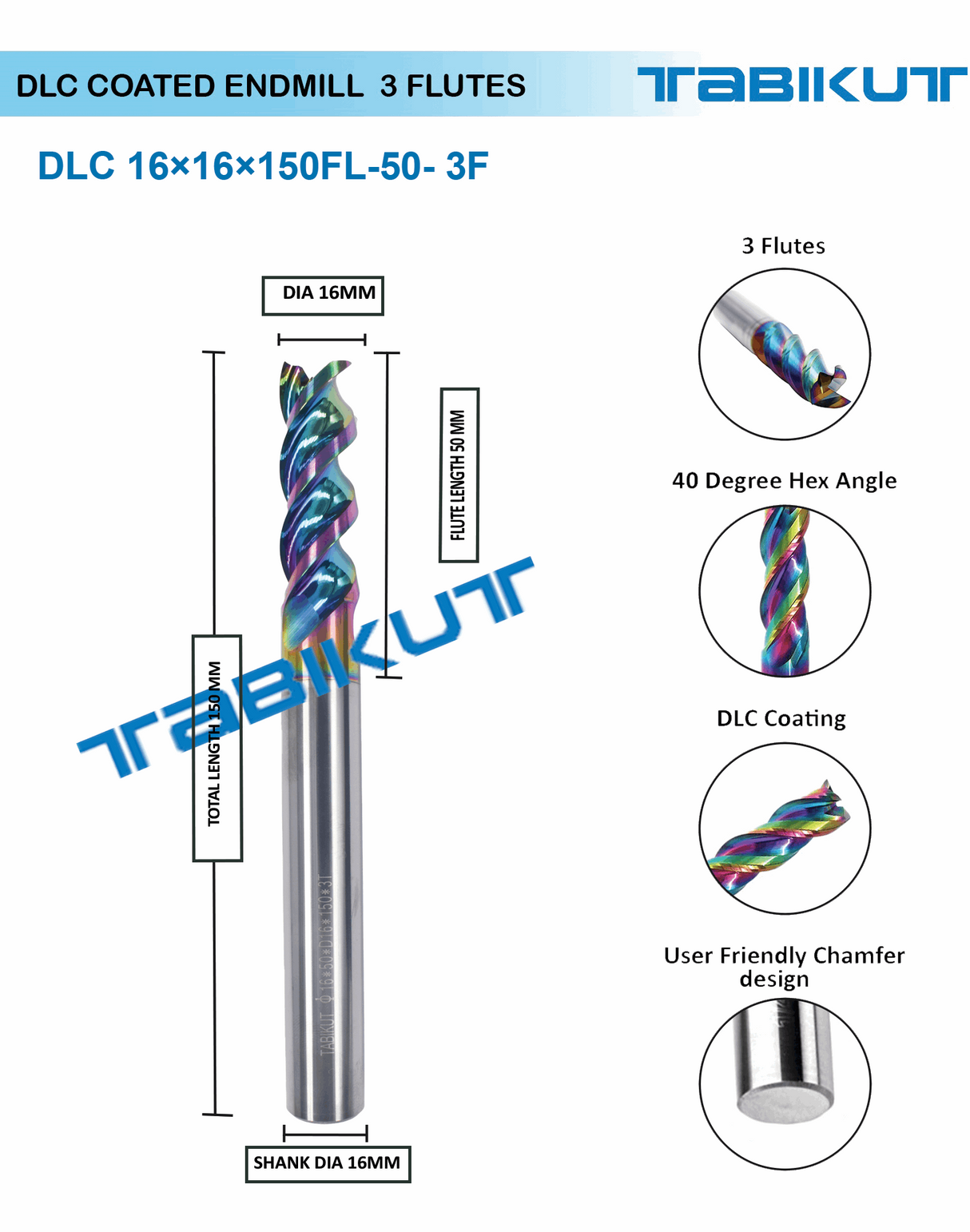 16 mm 3 flute endmill DLC	