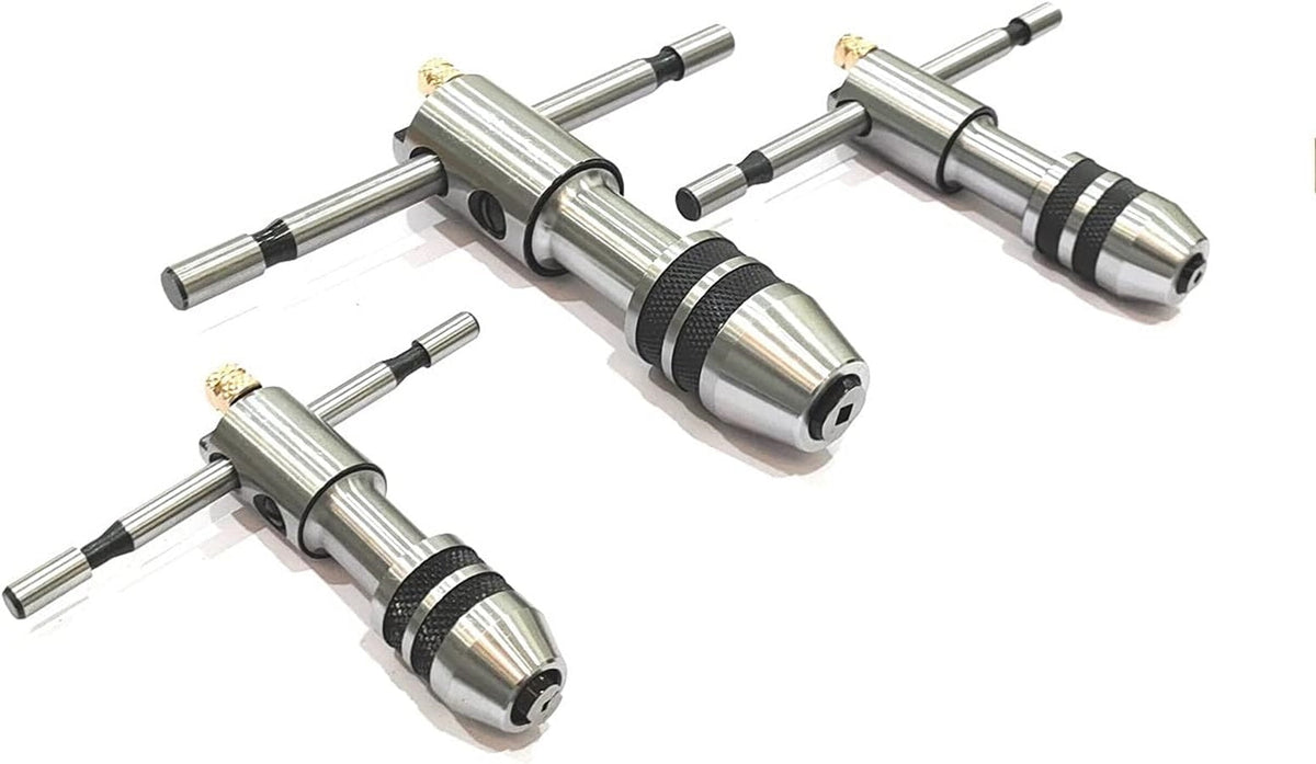 Set of 3 adjustable T-handle tap wrenches with knurled chucks
