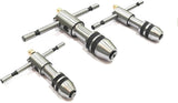 Set of 3 adjustable T-handle tap wrenches with knurled chucks