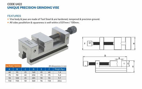 Precision grinding vise specification chart