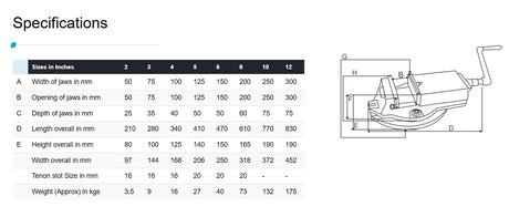 Swivel vice technical specification chart.