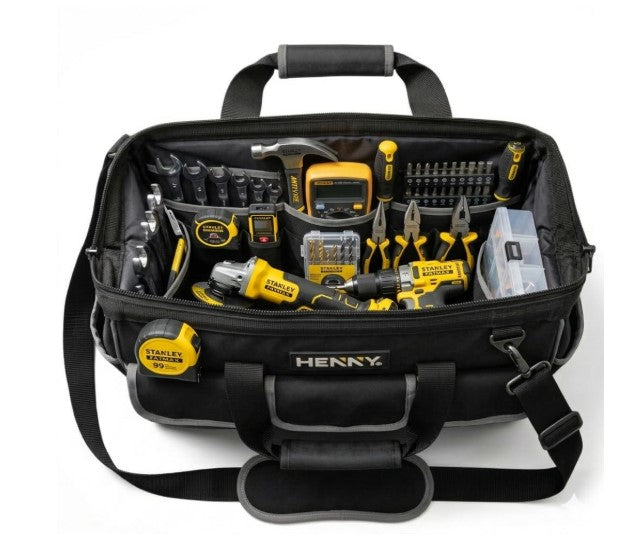 HENNY BAGS Heavy Duty Tool Bag 18-Inch, 16-Pocket Premium Urban CORD Professional Storage Organizer, Large Zipper, Strong, Electrician Technician, Industrial, Multipurpose Waterproof Tool Bag
