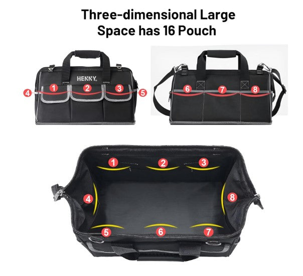 HENNY BAGS Heavy Duty Tool Bag 18-Inch, 16-Pocket Premium Urban CORD Professional Storage Organizer, Large Zipper, Strong, Electrician Technician, Industrial, Multipurpose Waterproof Tool Bag