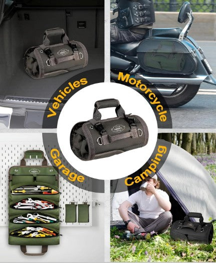 HennyBags Tool Organizer Bag, Heavy-Duty Waxed Oxford Tool roll up bag, Tool bag roll, Tool roll bag, Tool roll organizer, Rust-Proof YKK Zippers & Secure Buckle. For Mechanic & Electricians. (Gray)
