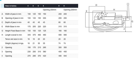 Tilt Lock Vise Dimensions Chart