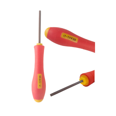 Red and yellow screwdriver with interchangeable bit 