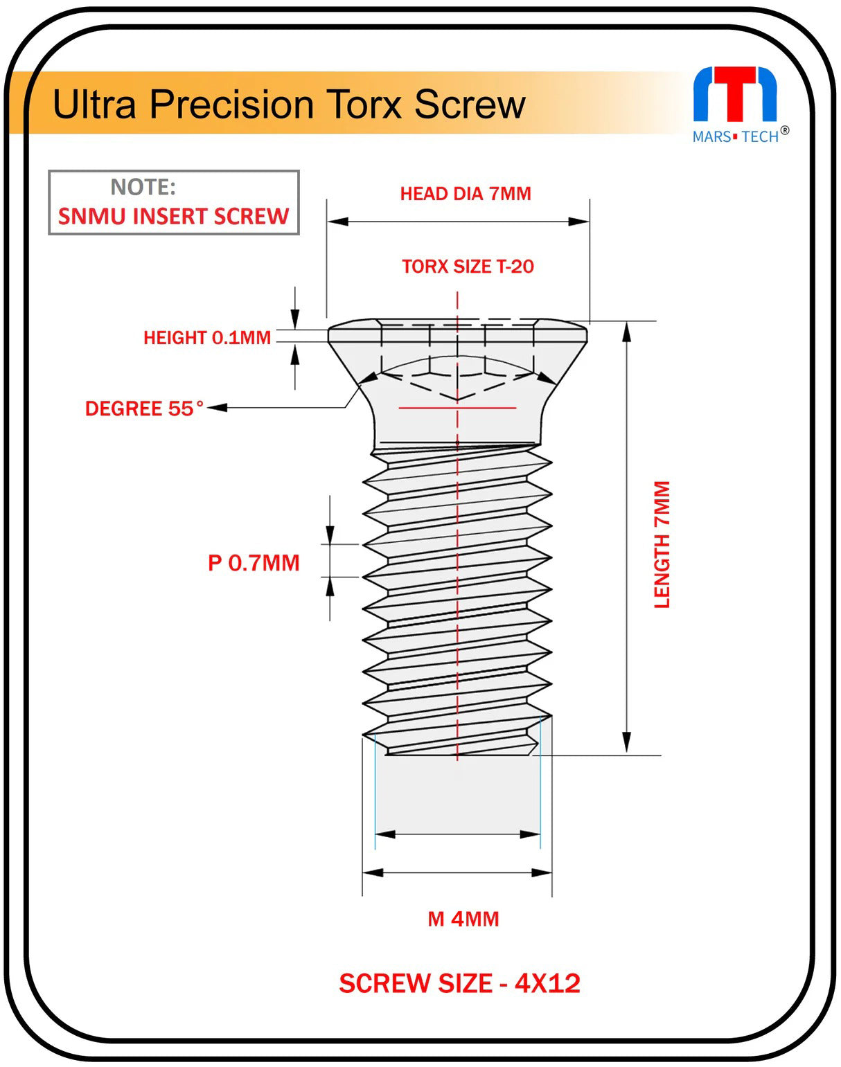 Ultra Precision Screw SNMU12 insert 4X12 D7 long Pack of 10 nos.